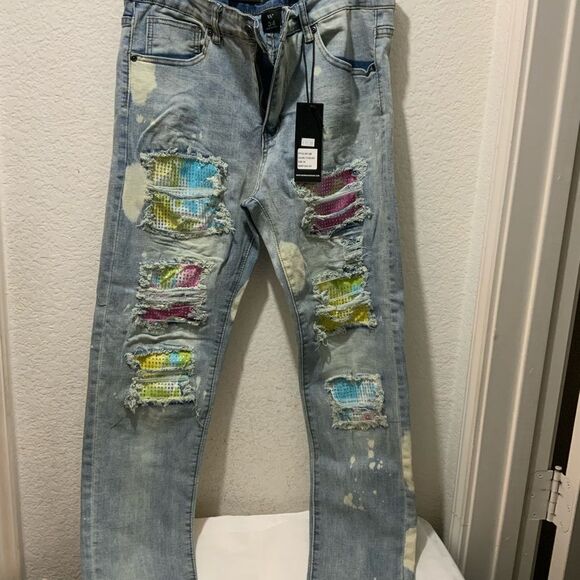 Men's 34x32 Waimea Blue Distressed Ripped rhinestone Skinny Fit Jeans - Picture 1 of 11